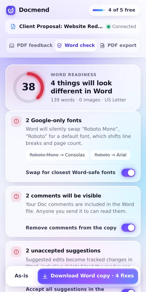Word readiness score of 38 with a list of issues: Google-only fonts, visible comments, unaccepted suggestions
