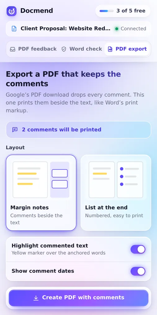 PDF export options: comments in the margin or a list at the end